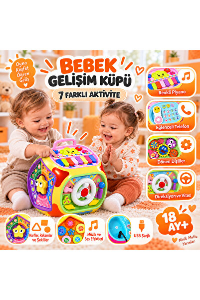 TOTTERİQ 7 Fonksiyonlu Bebek Gelişim Küpü Müzikli Işıklı USB Şarjlı Eğitici Aktivite Oyuncağı