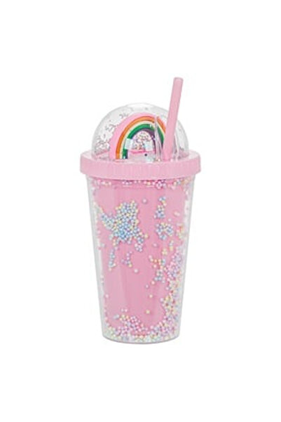 OEM Pahar din Plastic cu Capac cu Pai Roz Confetti Rainbow 450ml