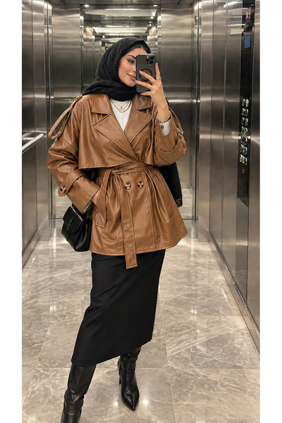 Kirazca Butik Women's Belted Leather Double-Breasted Short Trench Coat Jacket