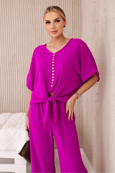 Kesi Set bluză italiană mov închis cu legătură în față și pantaloni largi