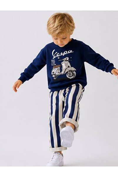 ARBİ kids طقم بنطلون مخطط بخيطين ونقشة موتور للأولاد