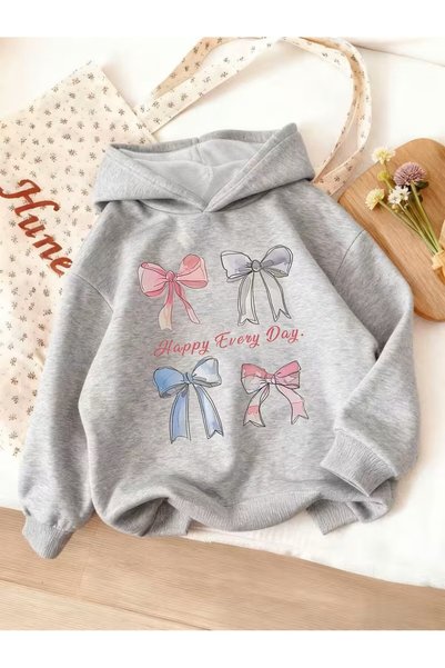yombaa Girl's Hooded Sweatshirt, Fashionable Casual Bow Print Top