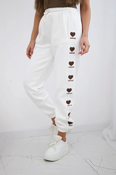 Kesi Pantaloni de bumbac ecru cu detaliu brodat Amour, croială lejeră, stil t...