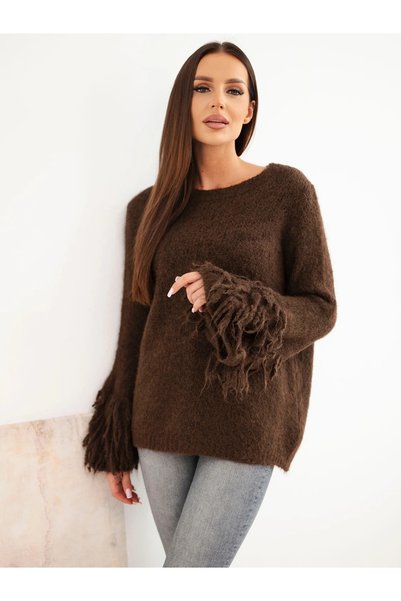 Kesi Pulover de damă maro cu mâneci cu franjuri și guler rotund clasic