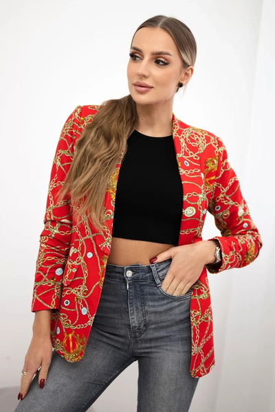Kesi Blazer roșu din bumbac cu imprimeu colorat și revere clasice