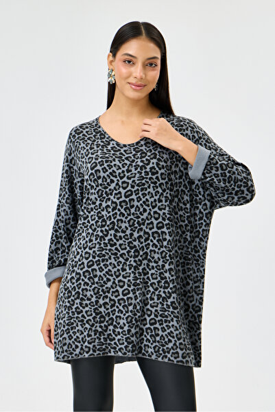 della moor Gray Italian Leopard Pattern Long Sleeve Lycra Oversize Long Blous...