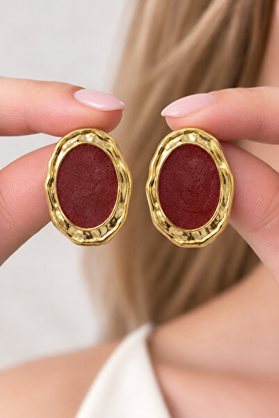 MRK Kadın Bordo Mineli Oval Küpe