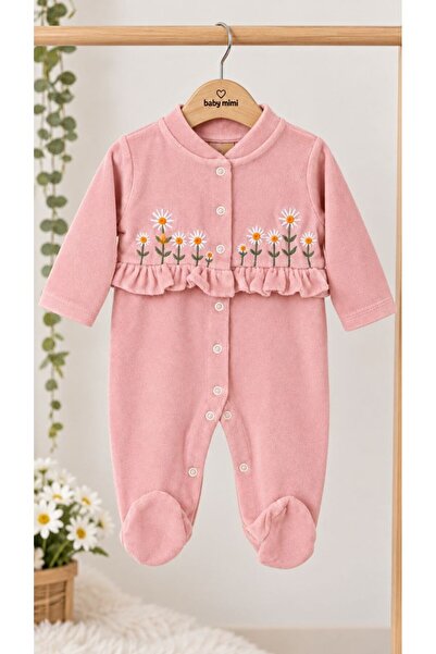Baby Mii ÇİÇEK NAKIŞLI FIRFIR DETAYLI KADİFE PEMBE BEBEK TULUM