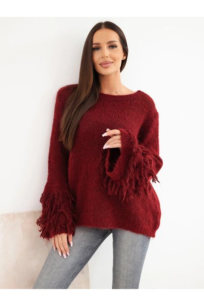 Kesi Pulover de damă bordo cu detalii franjurate pe mâneci și guler rotund