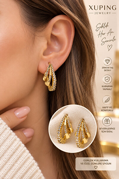 XUPİNGS JEWELRY Xuping Altın Renk Zirkon Taşlı Çoklu Halka Tasarım Kadın Küpe