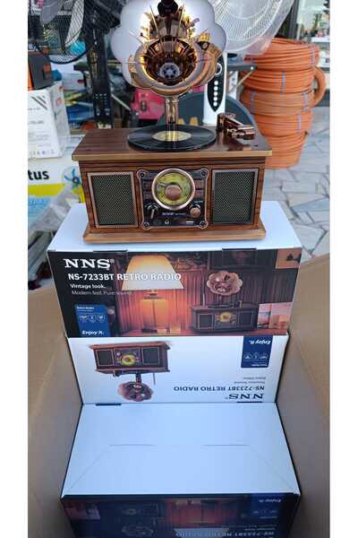 NS-7233BT Gramofon Tasarımlı Ahşap Görünümlü Bluetooth Hoparlör Retro Radyo USB / TF / AUX Destekli