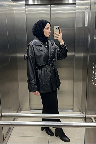 Kirazca Butik Women's Belted Leather Double-Breasted Short Trench Coat Jacket