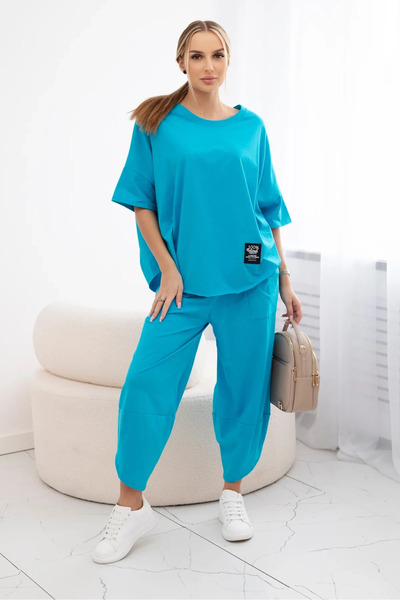 Kesi Set din bumbac turcoaz cu bluză și pantaloni cu croială lejeră