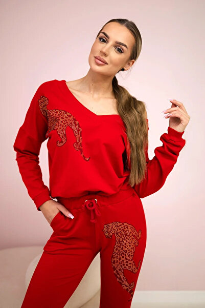 Kesi Set casual de damă roșu, cu hanorac cu imprimeu leopard cu strasuri și p...