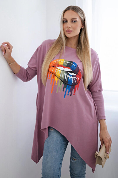 Kesi Tricou supradimensionat cu imprimeu buze curcubeu, roz închis, cu buzunare