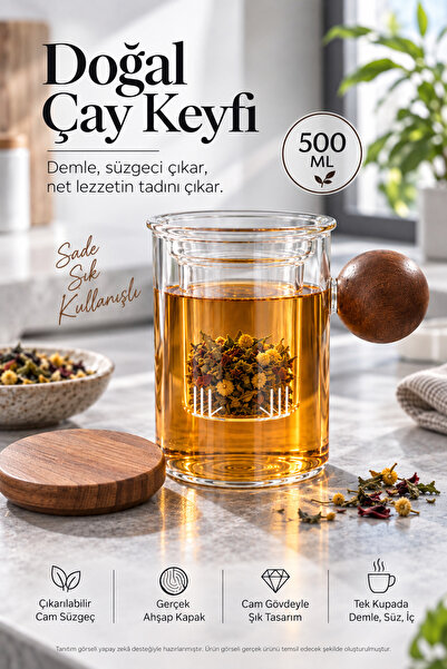 OpenCity Süzgeçli Cam Kupa 500 ml Ahşap Kapaklı Cam Süzgeçli Bitki Çayı Demle...