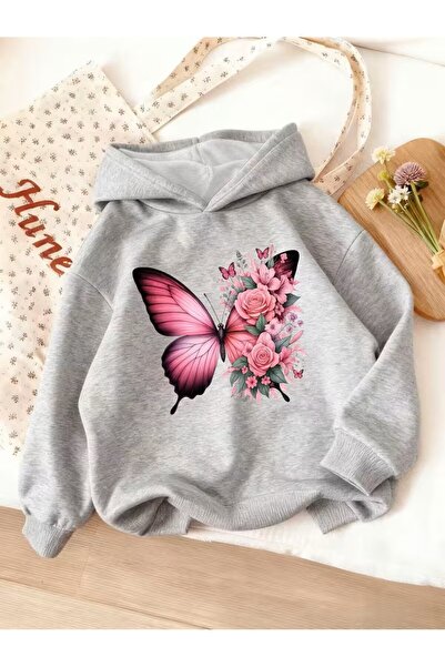yombaa Fashionable Hooded Sweatshirt with Trendy Butterfly and Rose Print