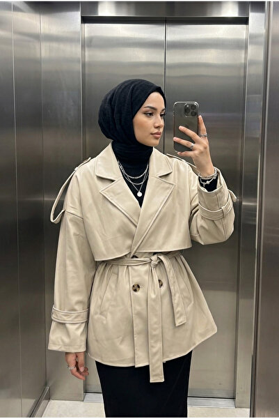 Kirazca Butik Women's Belted Leather Double-Breasted Short Trench Coat Jacket