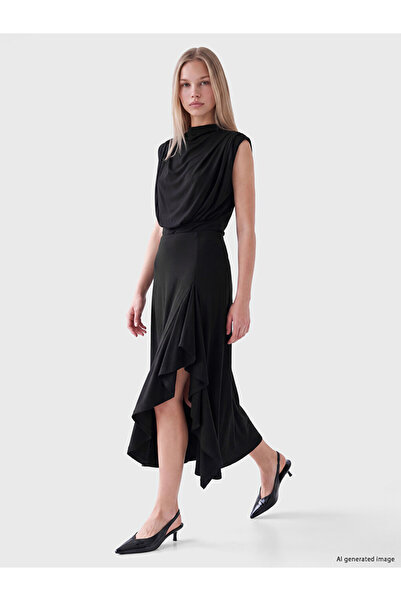 LC Waikiki Peak New Season Black Asymmetrical Ruffle Skirt with Elastic Waist