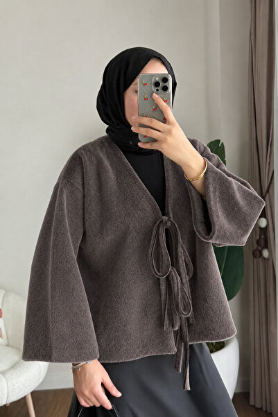 Kadın Etek Üstü Önden Bağlamalı Fox Kimono - Kestane