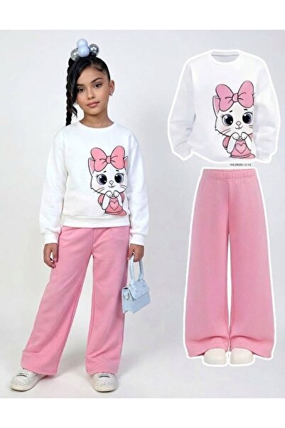 Kids Winter Girls' Pink Cat Printed Sweatshirt and Straight-Leg Sweatpants Tw...