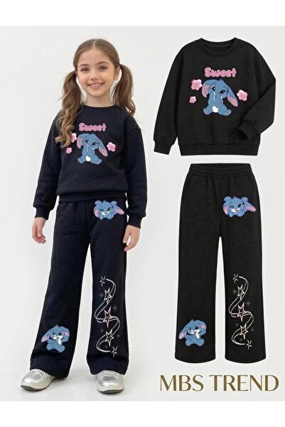 Kids Winter Girl's Black Sweet/Rabbit Printed Top and Bottom Two-Piece Set