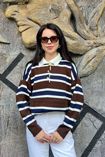sunfyre Striped Buttoned Polo Collar Knitwear Sweater Sun542