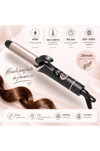 Ardette Ondulator de par profesional pentru bucle mari, 25 mm, Temperatura Re...