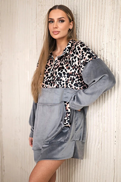Kesi Rochie de catifea gri cu imprimeu leopard și buzunar frontal
