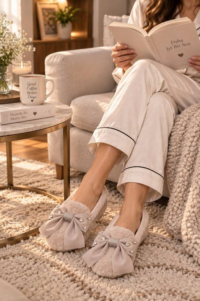 İncilaPearla Alina Women's Cream Home Slippers Plush Furry Special Design Stone Detail Stylish Ribbon Closed Toe Soft Comfortable Insole Daily Home Office Shoes