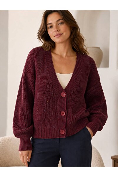 STF MODA Women's V-Neck Spotted Buttoned Knitwear Cardigan