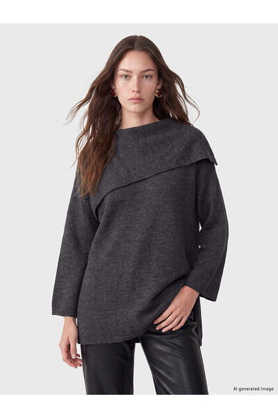 LC Waikiki سترة تريكو نسائية من NEVAVM Farkuşي LCW Modest Anthracite ذات ياقة...