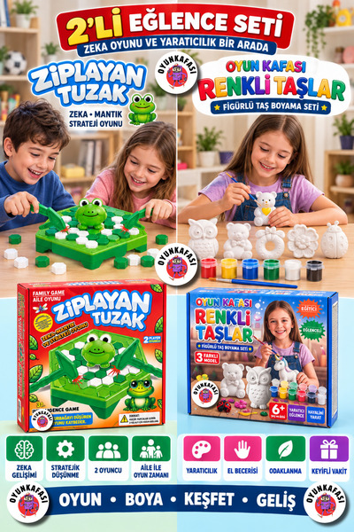 OYUNKAFASI 2-Piece Children's Entertainment and Activity Set Bouncing Trap Intelligence Strategy Game + Colorful Stones 3-Figure Coloring Set