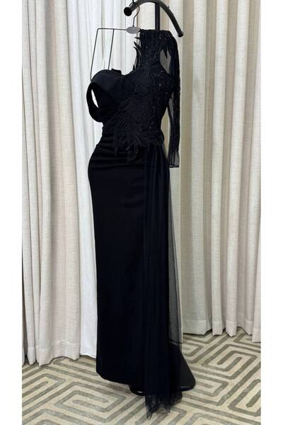 BLOMO Black One Shoulder Embroidered Luxury Women's Evening Dress
