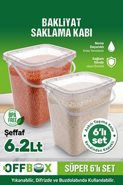 OFFBOX Mega Boy Şeffaf 6 Lı Un Bakliyat Erzak Saklama Kabı 6.2 Litre Kulplu D...