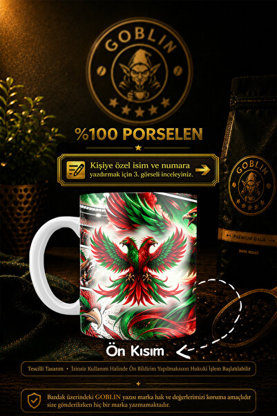 Goblin Kişiye Özel İsimli Kırmızı Yeşil Taraftar Baskılı Porselen Kupa Bardak...