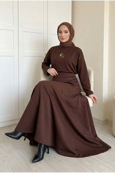 Kirazca Butik تنورة طويلة ماكسي نسائية من قماش السكوبا بخصر عالٍ وواسعة بالكامل