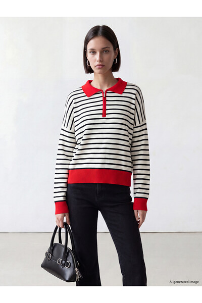 LC Waikiki Nevavm Lcw Modest Red Knitwear Striped Polo Neck Women's Sweater w...