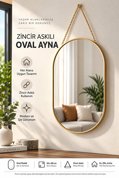OpenCity Zincir Askılı Oval Duvar Aynası Gold Çerçeveli 24x40 cm Dekoratif Sa...