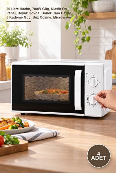 Yenilig 4 Adet Mikrodalga Fırın – 20 Litre Hacim, 700W Güç, Klasik Ön Panel, Beyaz Gövde, Döner Cam Hazne, 5 Kademe Güç, Buz Çözme, Microwave