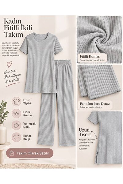 Çimen Spor Giyim Kadın Fitilli Kısa Kollu Rahat Pijama Ev Giyim Takımı