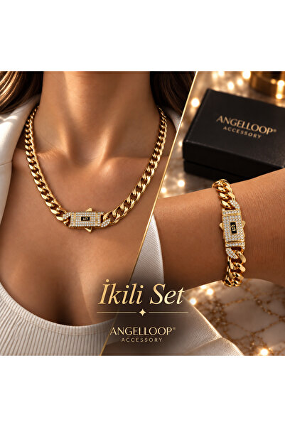 ANGELLOOP ACCESSORY Taşlı Klipsli Gurmet Set - Gurmet Zincir Kolye&Küpe Seti-...