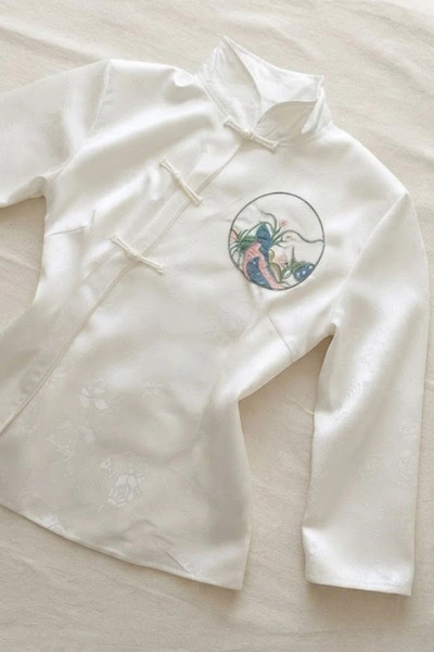 Minga London White Qipao Embroidery Deatiled Y2K Long Sleeve Chinese Jacket