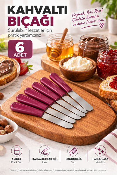 OpenCity 6'lı Kahvaltı Bıçağı Seti Mor Saplı Paslanmaz Metal Sürme Bıçağı Bal...