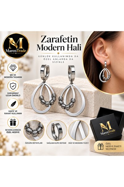 Marentrade Çelik Küpe – Modern Damla Tasarım Boncuk Detaylı Şık Kadın Küpe (Kararmaz, Hafif)