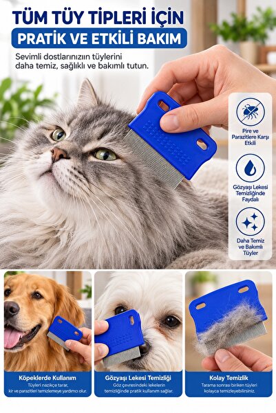 İnfeta Mavi 6 cm Kedi Köpek Bit Pire Tarağı İnce Metal Dişli Gözyaşı Lekesi T...