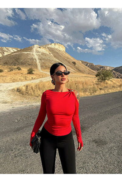 kırmızı butiks Red shoulder buckle sandy crop
