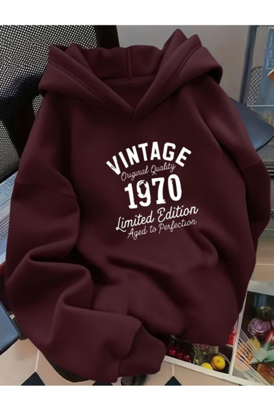 Baxia KıZ ERKEK Çocuk VINTAGE BaskıLI Kapşonlu Sweatshirt HOODİE BORDO RENK (...