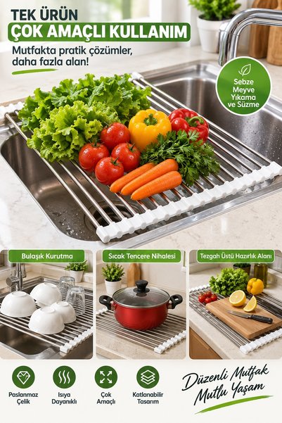 İnfeta Stainless Steel Over-The-Sink Folding Dish Drying Rack Vegetable Fruit...