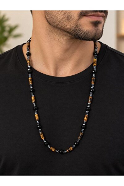 Home Men's Necklace with Tiger's Eye, Onyx and Hematite Natural Stones